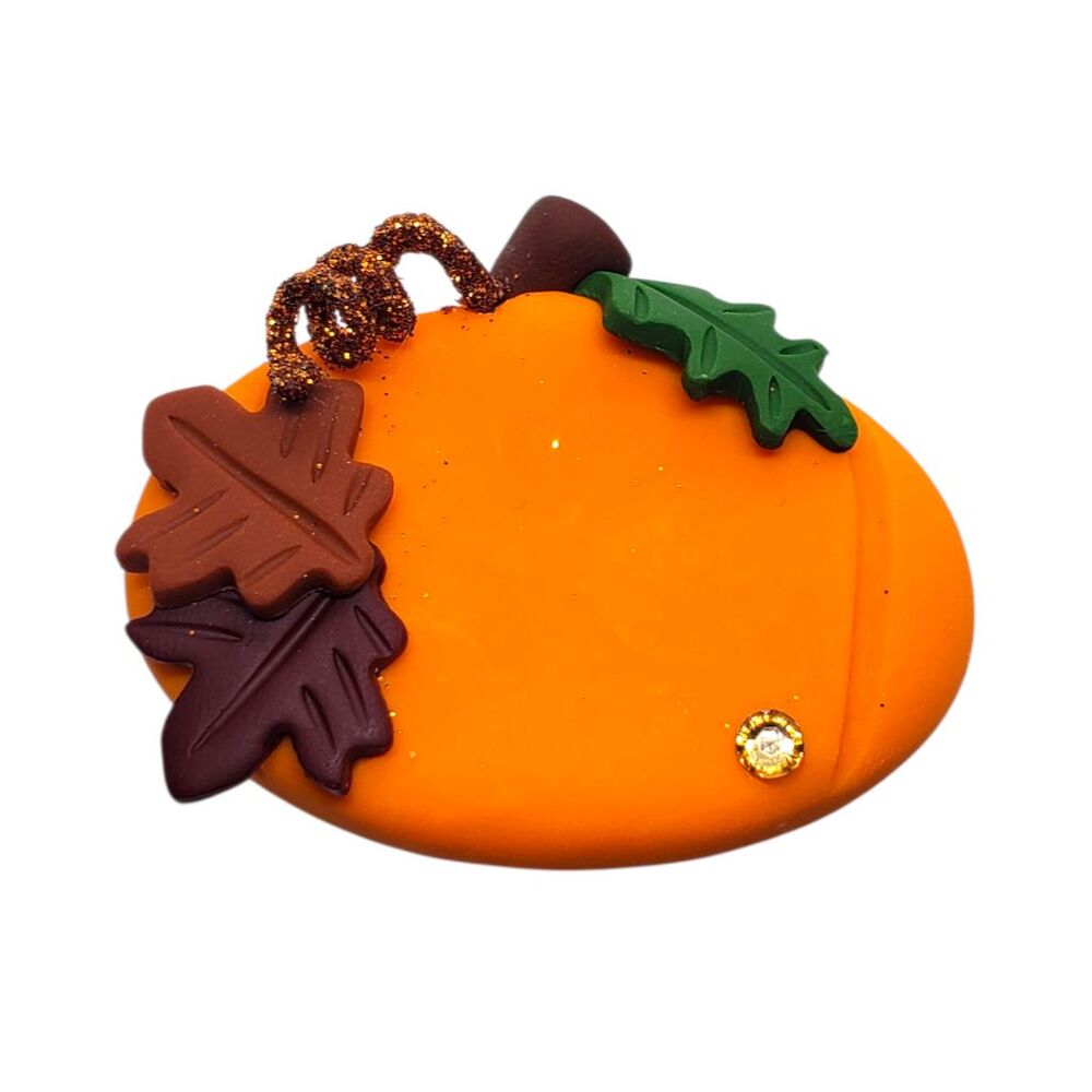 Fall Leaf Pumpkin Magnet with Rhinestones Handmade Polymer Clay Fancy Curly Stem